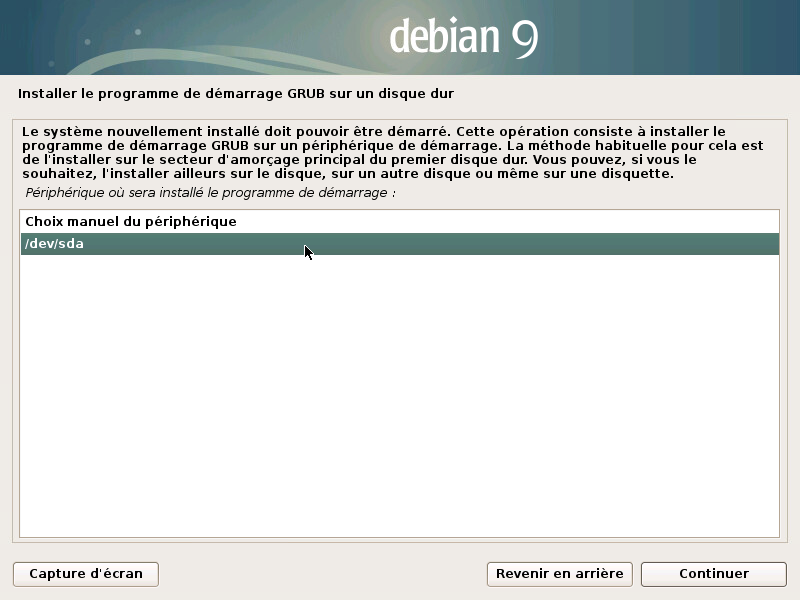 Sélection du disque pour Grub